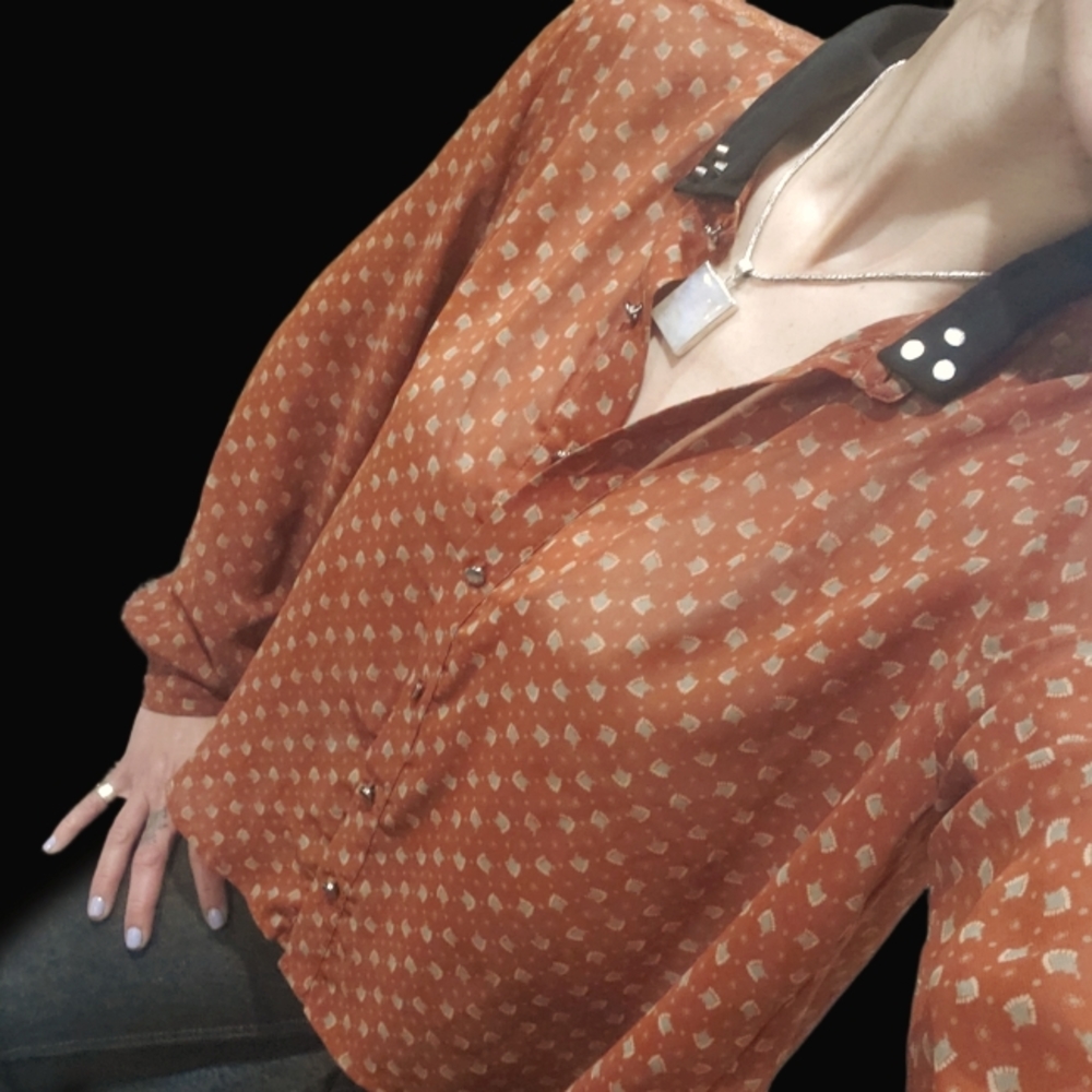 MUSTARD SEED Sheer Longsleeve Studded Collar Blouse with Lace Detail on Back